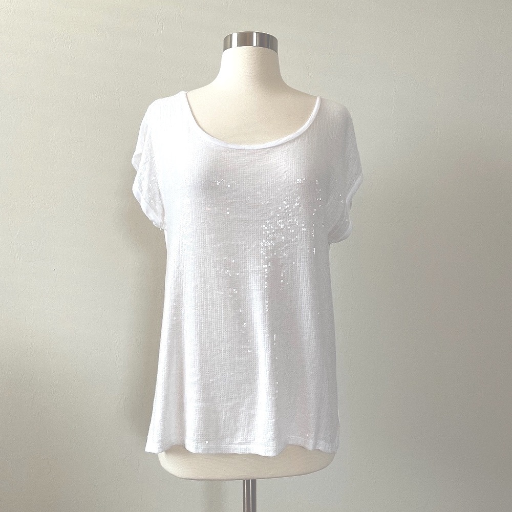 Moda Seta Italy White Sequin Tee, Size Large